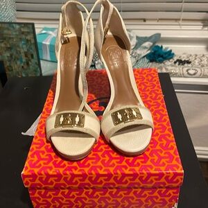 Gently Worn Natural Tory Burch High Sandal.